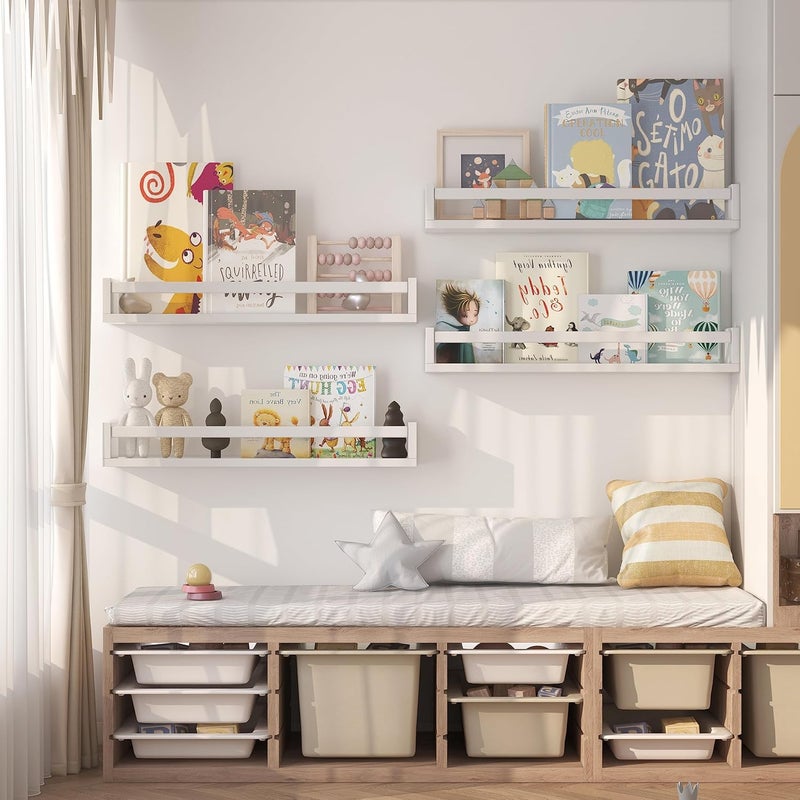 Onlysky Set of 4 Wall-Mounted Kid's Bookshelf - White Floating Nursery Book Shelves - Durable Wood Construction - Ideal for Nursery Decor, Kids Room, Toy Storage - Image 2